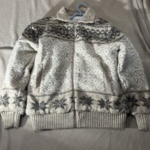 Vintage Lazarus Fair Isle Nordic Sherpa Lined Sweater Jacket Wool Blend Mens M